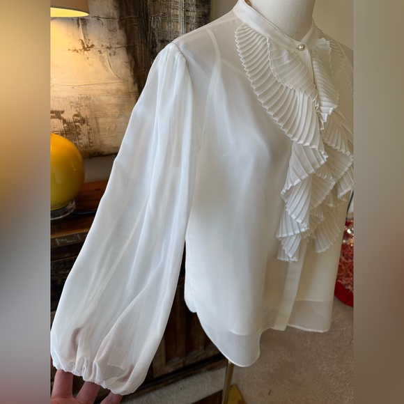 White House Black Market White Sheer Pleated Ruffled blouse -M - Picture 3 of 8